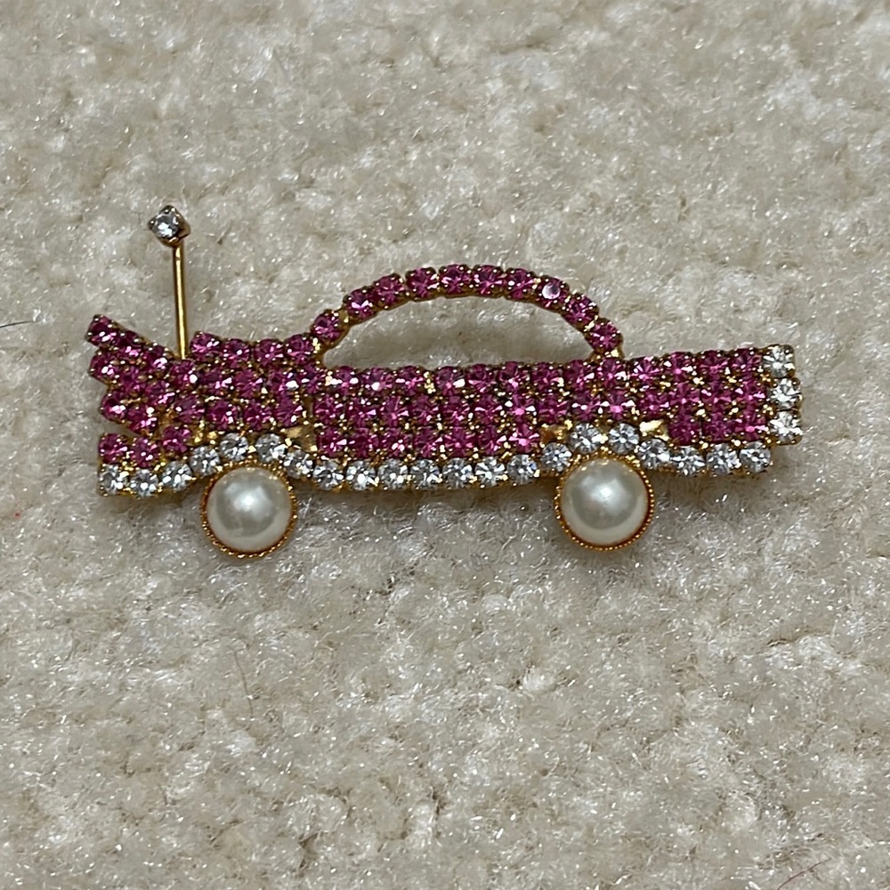 Old Chevy Car Brooch Pink & White rhinestone